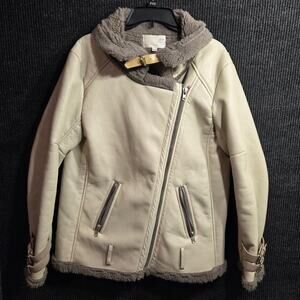 J.O.A. Los Angeles Faux Shearling Y2k Moto Jacket Cream Zip Up Biker Coat Sz L